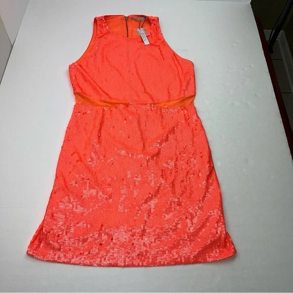 Alice + Olivia Cara Sleeveless Coral Orange Sequin Mini Dress SZ 14 Back  Zip NEW